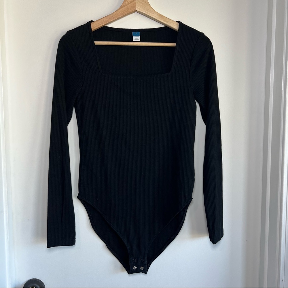 Old Navy Black Square Neck Ribbed Long Sleeve Bodysuit, Size Medium
